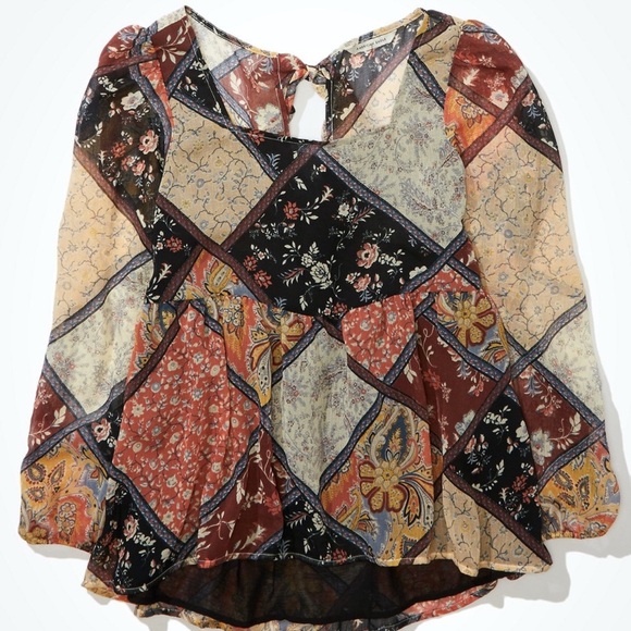 2/$20 American Eagle Outfitters Patchwork Blouse - Black, Cream, Brown - Picture 3 of 3